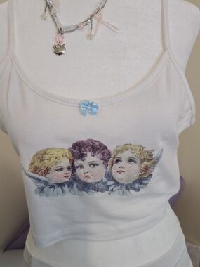 Vintage-Style Angel Cherub Graphic Cami Crop Top Pearl Blue Bow L Coquette